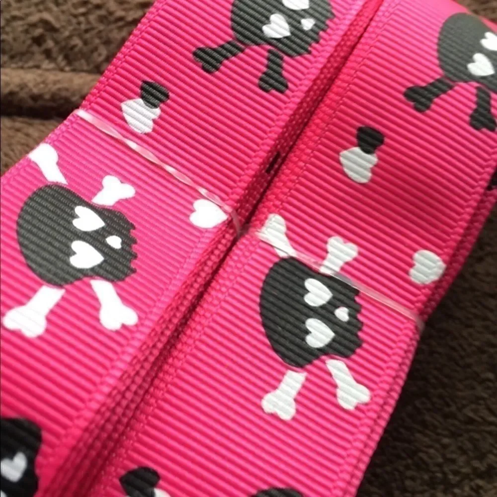 Grosgrain Ribbon 7/8” 5 yards 5/$20 skulls heart eyes Jolly Roger hot pink black